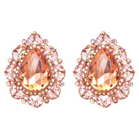 Women's Statement Vintage Style Dramatic Teardrop Crystal Clip On Earrings, 2" (Peach Crystal Rose Gold)