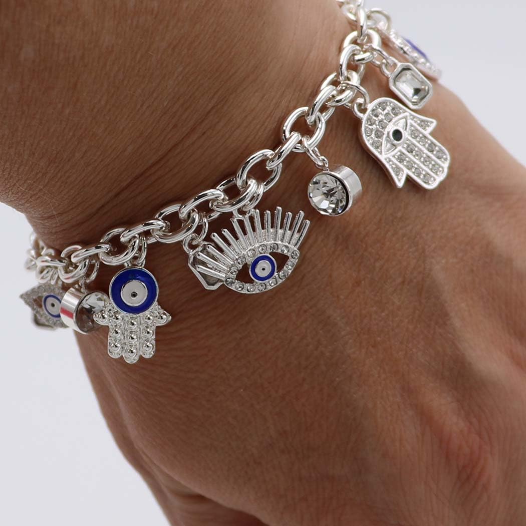 Evil Eye Hamsa Hand Charm Bracelet, Silver Tone, Crystal Rhinestone, Adjustable Toggle Clasp, 7.5-8.5 Inch