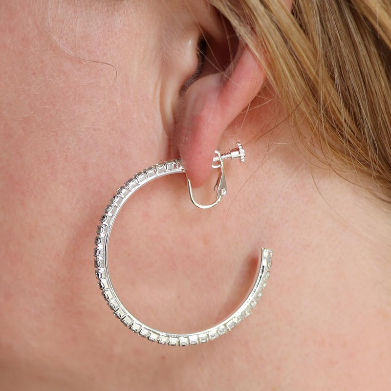 Chic Rhinesone Hoop Adjustable Clip On Earrings, 1.75" (Silver Tone 45mm)