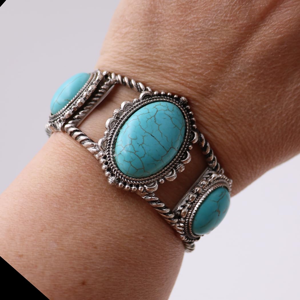 Cowgirl Chic Western Style Burnished Silver Tone Turquoise Blue Conchos Stretch Bracelet, 7"
