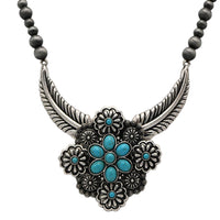 Western Necklace and Earring Set, Metallic Pearl Beads, Flower And Feather Design With Turquoise Howlite Stones