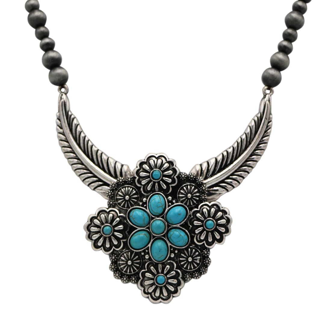 Western Necklace and Earring Set, Metallic Pearl Beads, Flower And Feather Design With Turquoise Howlite Stones