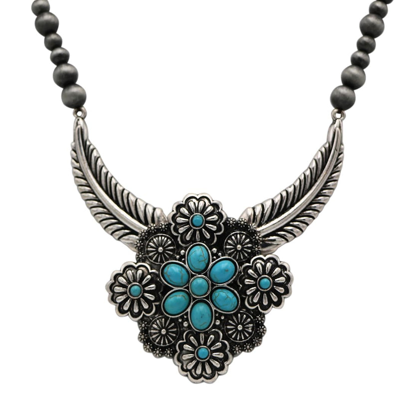 Western Necklace and Earring Set, Metallic Pearl Beads, Flower And Feather Design With Turquoise Howlite Stones