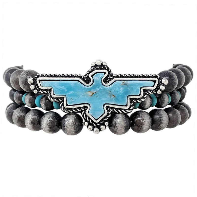Women's Western Style Aztec Thunderbird With Navajo Pearl And Turquoise Howlite Bead Triple Strand Stretch Bracelet, 2.5"