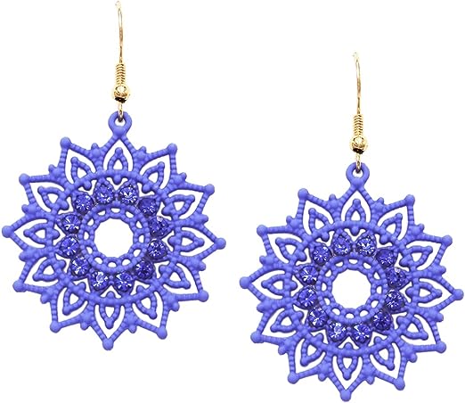 Powder Coated Metal Aztec Sun Goddess Dangle Sunflower Earrings, 2" (Blue)