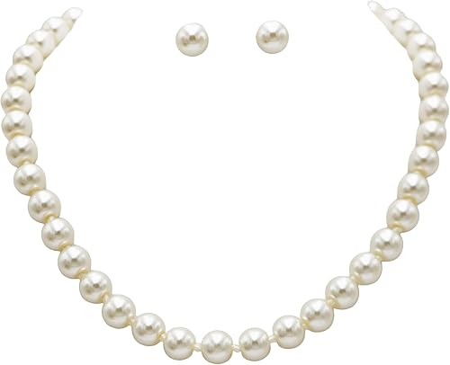 Classic Knotted Glass 10mm Pearl Necklace Strand And Hypoallergenic Post Earrings Set, 18"+3" Extender (Cream Gold Tone 18"-21" 10mm)
