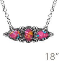 Vintage Style Necklace with Simulated Spiny Oyster Stone, Silver Chain, 18 Inch Length