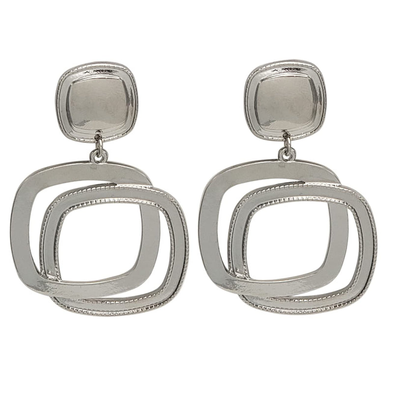 Women's Polished Silver Tone Interlocking Geometric Squares Open Hoop Statement Clip On Earring, 3"