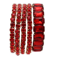 Stunning Statement Bejeweled Set Of 5 Colorful Crystal Rhinestone Stretch Bracelets, 6.75" (Red Crystal Gold Tone)