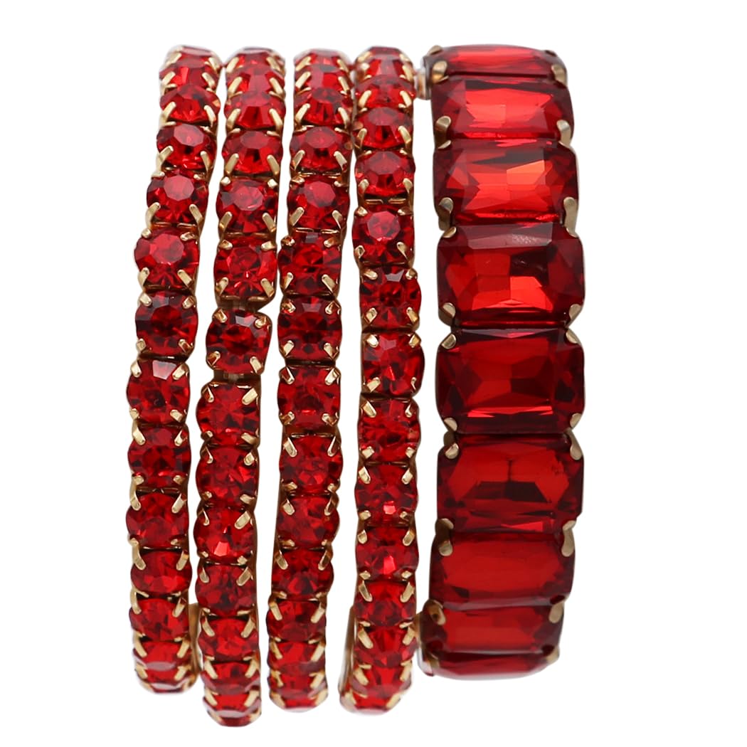 Stunning Statement Bejeweled Set Of 5 Colorful Crystal Rhinestone Stretch Bracelets, 6.75" (Red Crystal Gold Tone)