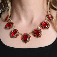 Stunning Emerald Cut Crystals In Burnished Gold Tone Frames Statement Vintage Style Necklace Earrings Set, 18"+3" Extender (Ruby Red)