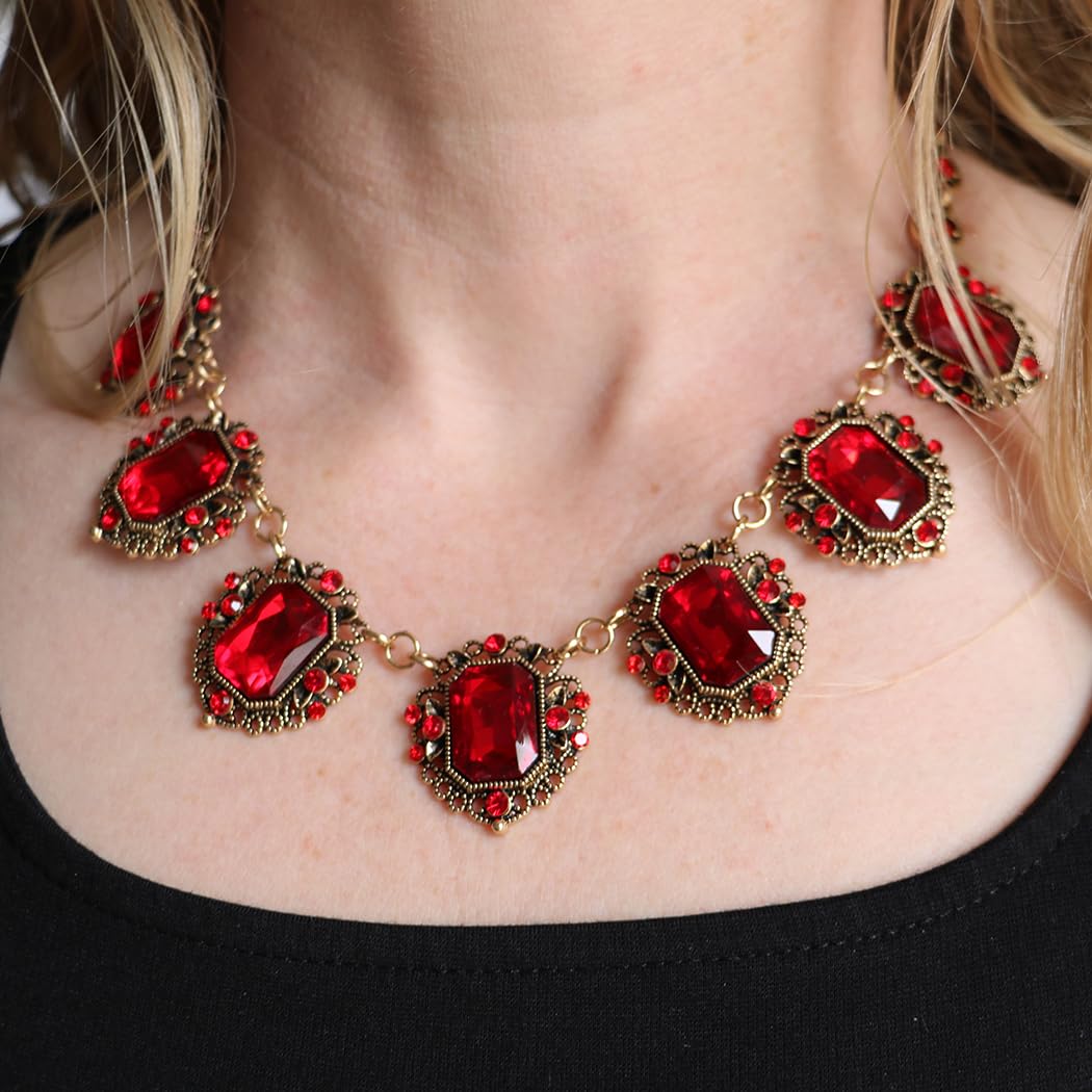 Stunning Emerald Cut Crystals In Burnished Gold Tone Frames Statement Vintage Style Necklace Earrings Set, 18"+3" Extender (Ruby Red)
