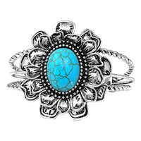 Women's Western Style Natural Semi Precious Howlite Stone Open Cuff Bracelet, 2.5" (Statement Flower Turquoise)