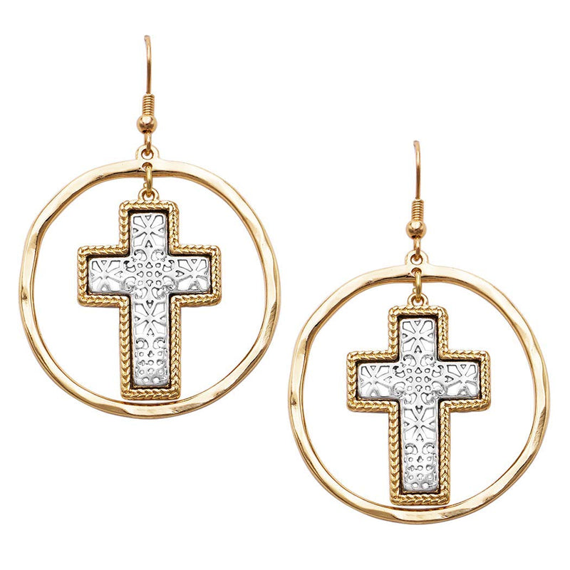Women's Stunning Two Tone Filigree Metal Cross Inside Textured Hoop Dangle Earrings, 2.25"