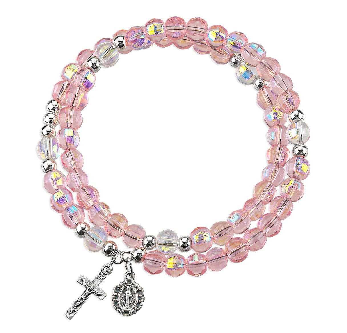Rosemarie's Religious Gifts Women's 5-Decade Spiral Wrap Rosary Bracelet, Pink Aurora Borealis Bead