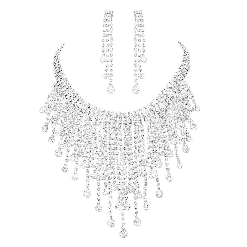 Women's Stunning Round Drop Crystal Fringe Choker Necklace Hypoallergenic Earrings Bridal Set, 14"+4" Extender