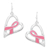 Women's Breast Cancer Awareness Jewelry Pink Ribbon On Heart Filigree Earrings (Open Polished Silver Tone)