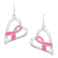 Women's Breast Cancer Awareness Jewelry Pink Ribbon On Heart Filigree Earrings (Open Polished Silver Tone)