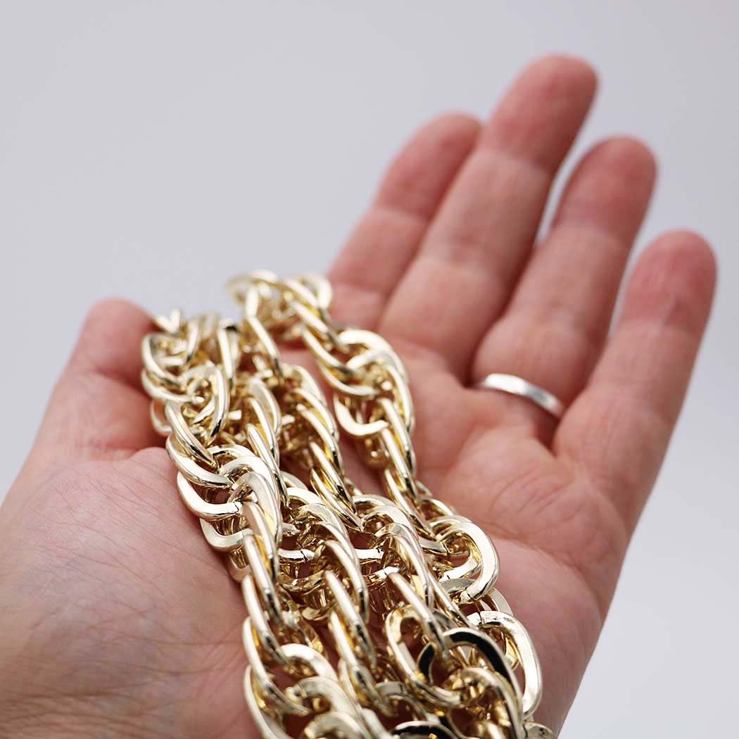 Gold Plated Chain Statement Necklace, Twisted Metal Alloy Design, Toggle Clasp, 36 Inch Length