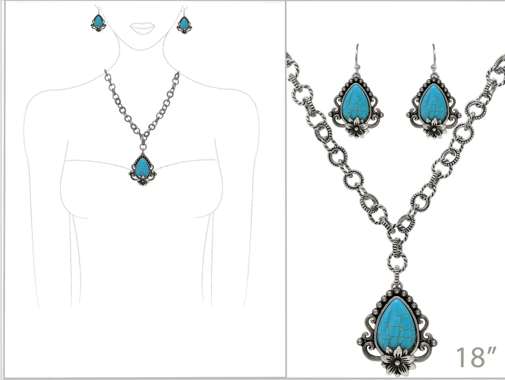 Vintage Style Turquoise Howlite Pendant Necklace, 18 Inch Silver Tone Chain, Floral Design with Ornate Frame