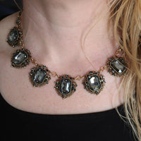 Stunning Emerald Cut Crystals In Burnished Gold Tone Frames Statement Vintage Style Necklace Earrings Set, 18"+3" Extender (Black Diamond)