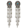 Vintage Turquoise Howlite Center Concho Earrings, Antique Silver Crystal Fringe Dangle, Western Style, 3.5 Inch Length