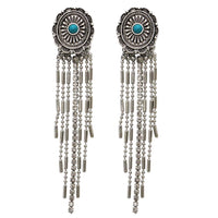 Vintage Turquoise Howlite Center Concho Earrings, Antique Silver Crystal Fringe Dangle, Western Style, 3.5 Inch Length