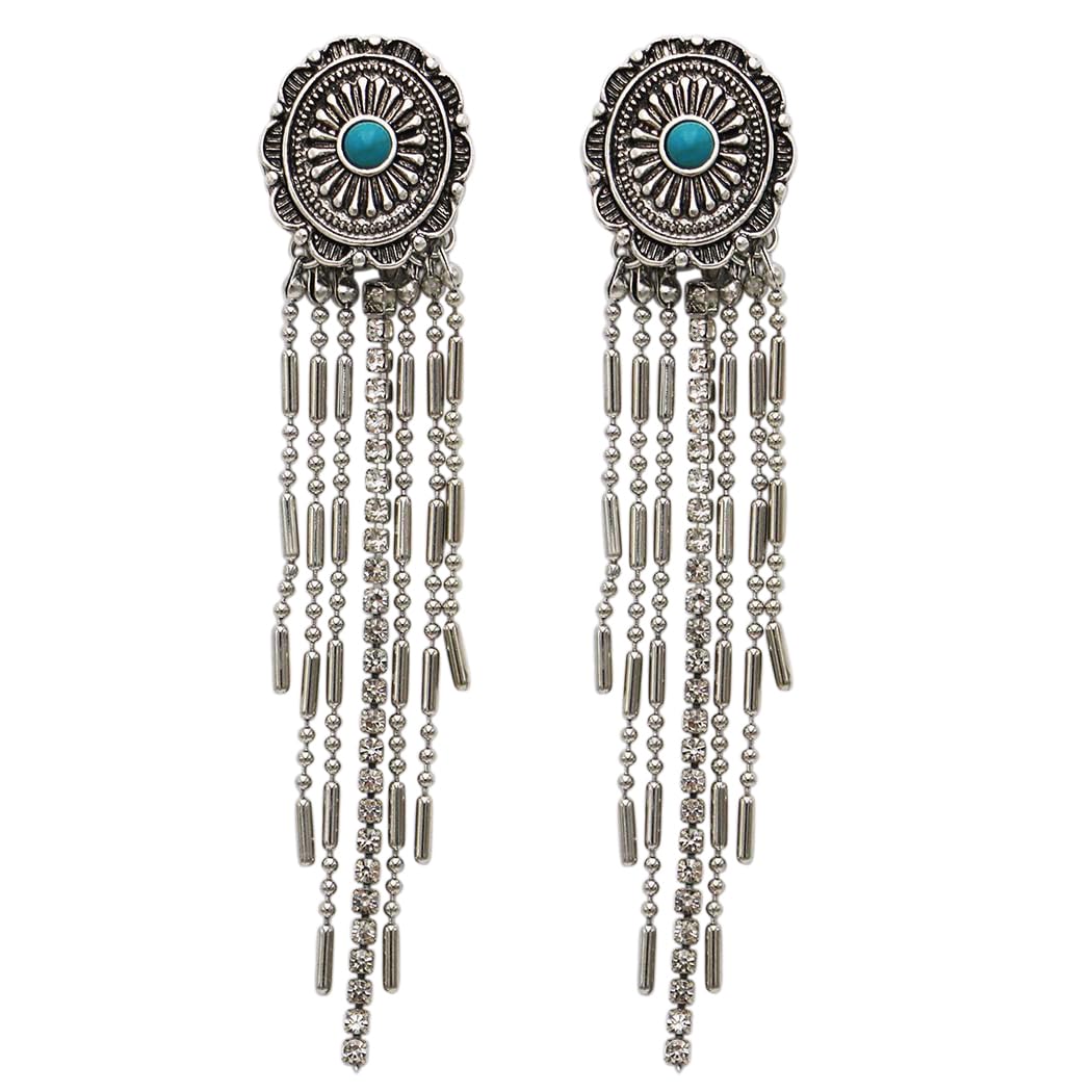 Vintage Turquoise Howlite Center Concho Earrings, Antique Silver Crystal Fringe Dangle, Western Style, 3.5 Inch Length
