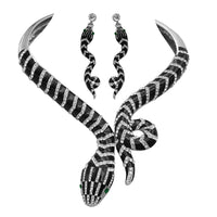 Stunning Black Enamel And Crystal Rhinestones Serpent Snake Statement Jewelry Pieces (Silver Tone Hinged Back Choker Necklace Earring Gift Set, 14")