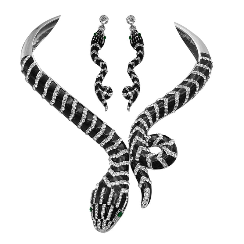 Stunning Black Enamel And Crystal Rhinestones Serpent Snake Statement Jewelry Pieces (Silver Tone Hinged Back Choker Necklace Earring Gift Set, 14")