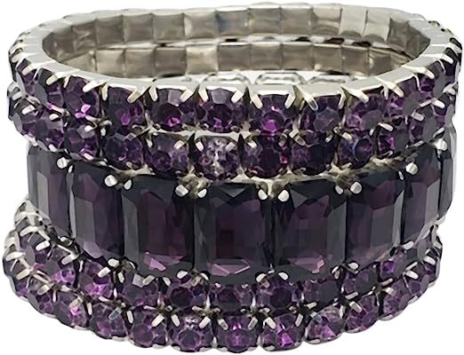 Stunning Statement Set Of 5 Colorful Crystal Rhinestone Stretch Bracelets, 6.75" (Dark Purple Silver Tone)