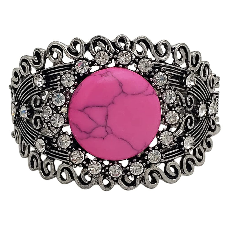 Women's Cowgirl Glam Western Semi Precious Pink Howlite Stone And Crystal Rhinestones In Swirl Silver Tone Hinged Cuff Bracelet, 6.5" single (Single Stone)