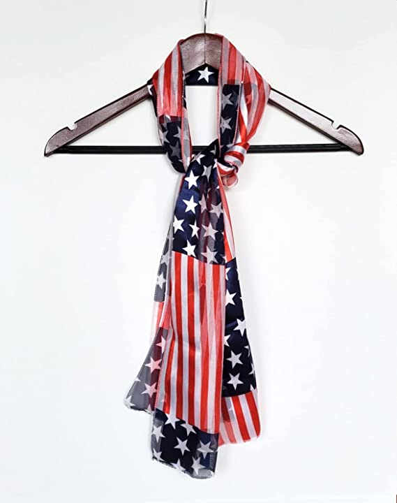 Rosemarie Collections Women's Red White And Blue 4th Of July Satin Stripe USA Fashion Scarf, 60" American Flag Stars Stripes (Block Flag)