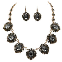 Stunning Emerald Cut Crystals In Burnished Gold Tone Frames Statement Vintage Style Necklace Earrings Set, 18"+3" Extender (Black Diamond)