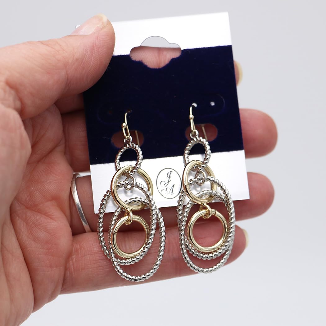 Two Tone Textured Geometric Multi Hoop Drop Dangle Earrings, Silver and Gold, 2 Inch Length