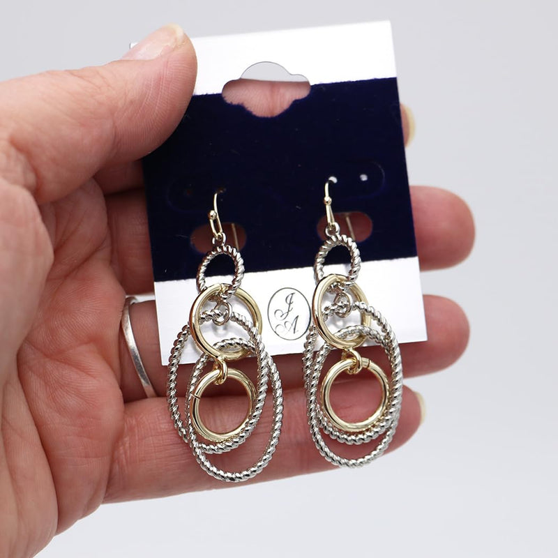 Two Tone Textured Geometric Multi Hoop Drop Dangle Earrings, Silver and Gold, 2 Inch Length
