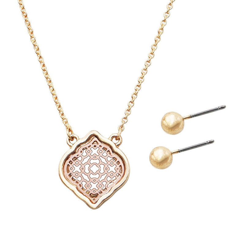 Chic Two Tone Metal Moroccan Filigree Pendant Necklace And Ball Stud Earrings Jewelry Set, 16"+3" Extender (Gold Tone With Rose Gold)