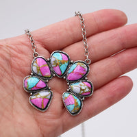 Western Navajo Squash Blossom Necklace, Pink and Turquoise Stone, Silver Beaded Frame, 18-21 Inch Chain with Extension, Southwestern Style