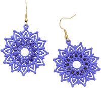 Powder Coated Metal Aztec Sun Goddess Dangle Sunflower Earrings, 2" (Blue)