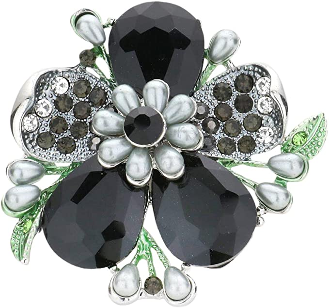 Stunning Crystal Pave Teardrop and Simulated Pearl Flower Stretch Statement Cocktail Ring (Jet Black Crystal Silver Tone)