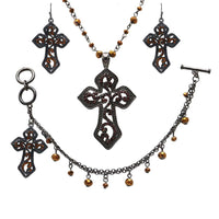 Stunning Vintage Vibes Orange Topaz Crystal Rhinestone Christian Passion Cross Hematite Tone Easter Gift Jewelry (3pc Set)