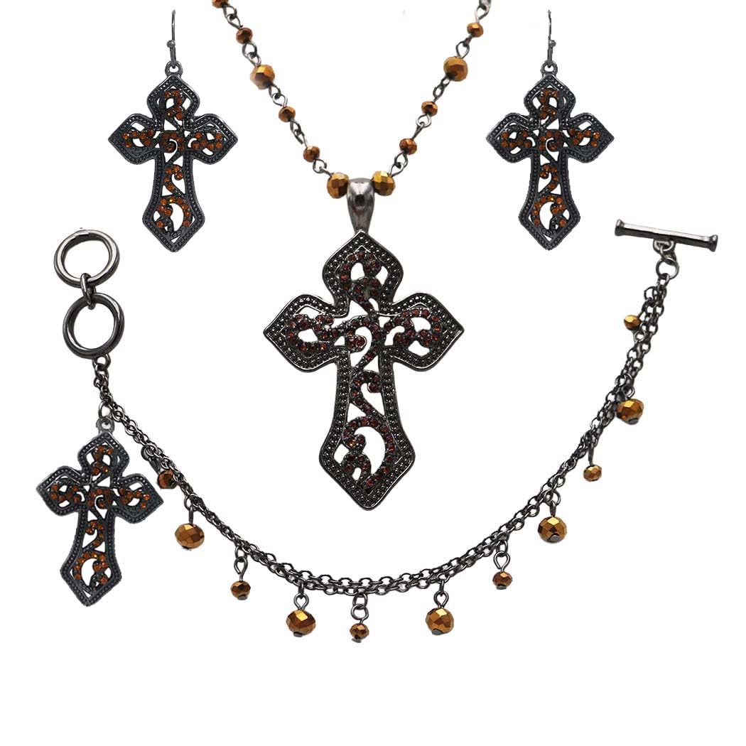 Stunning Vintage Vibes Orange Topaz Crystal Rhinestone Christian Passion Cross Hematite Tone Easter Gift Jewelry (3pc Set)