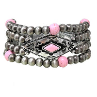 Western Navajo Beaded Stretch Bracelets Silver and Pink Howlite Stone Set of 3