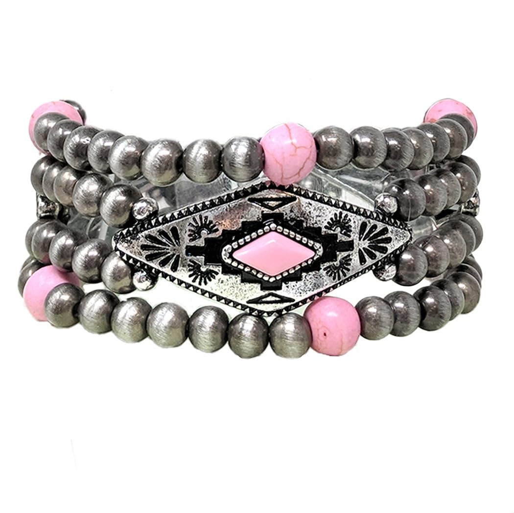 Western Navajo Beaded Stretch Bracelets Silver and Pink Howlite Stone Set of 3