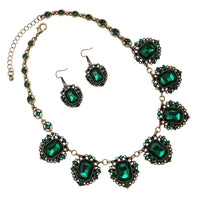 Stunning Emerald Cut Crystals In Burnished Gold Tone Frames Statement Vintage Style Necklace Earrings Set, 18"+3" Extender (Emerald Green)