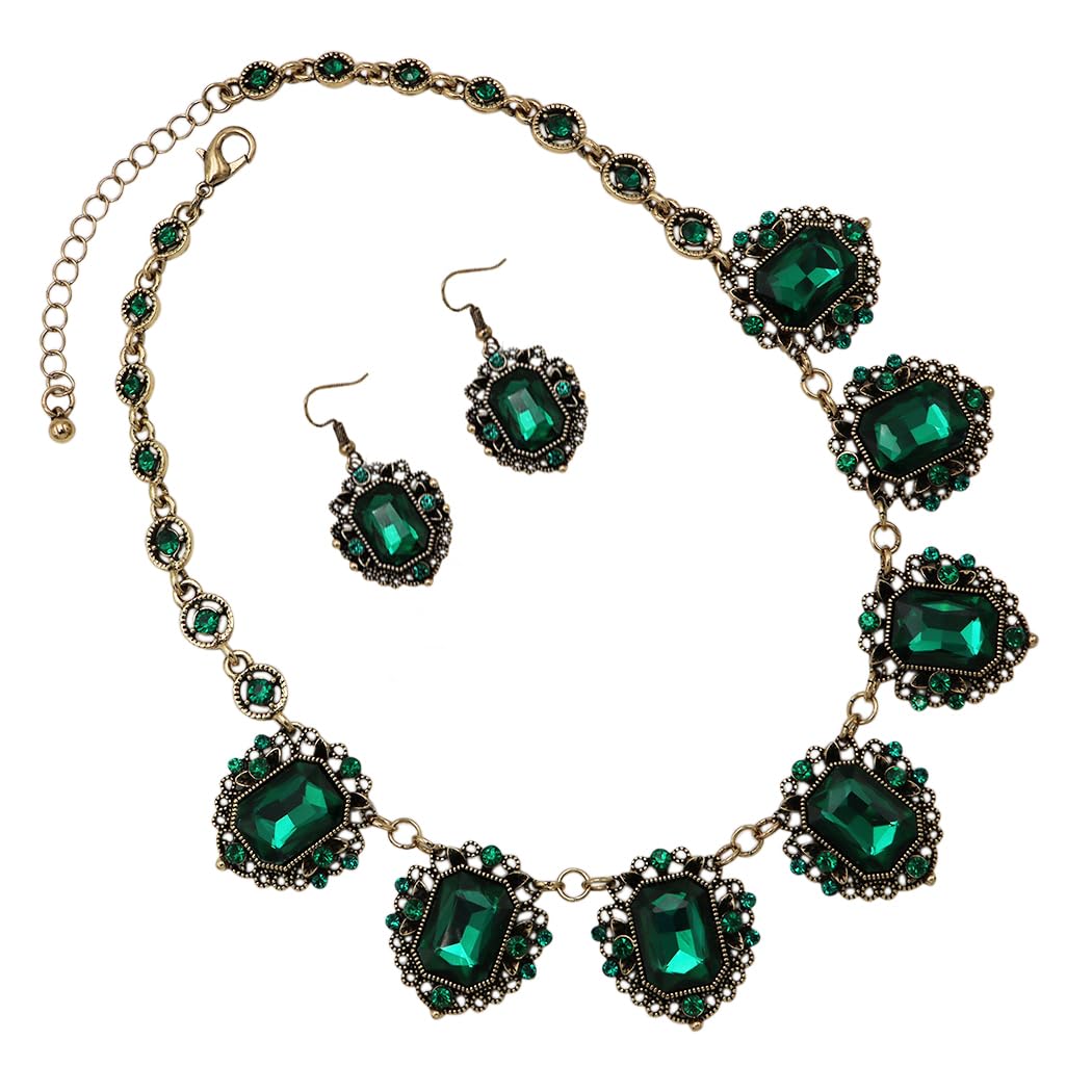 Stunning Emerald Cut Crystals In Burnished Gold Tone Frames Statement Vintage Style Necklace Earrings Set, 18"+3" Extender (Emerald Green)