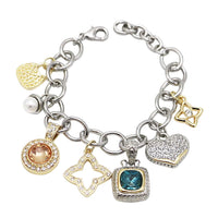 Two-Tone Trending Charm Link Bracelet, Silver with CZ Stones, Classic Style, 6-7.5"