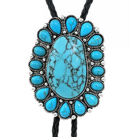 Vintage Western Bolo Tie, Turquoise Howlite Stone Pendant with Silver Tone Accents, Black Braided Faux Leather, 22 Inch