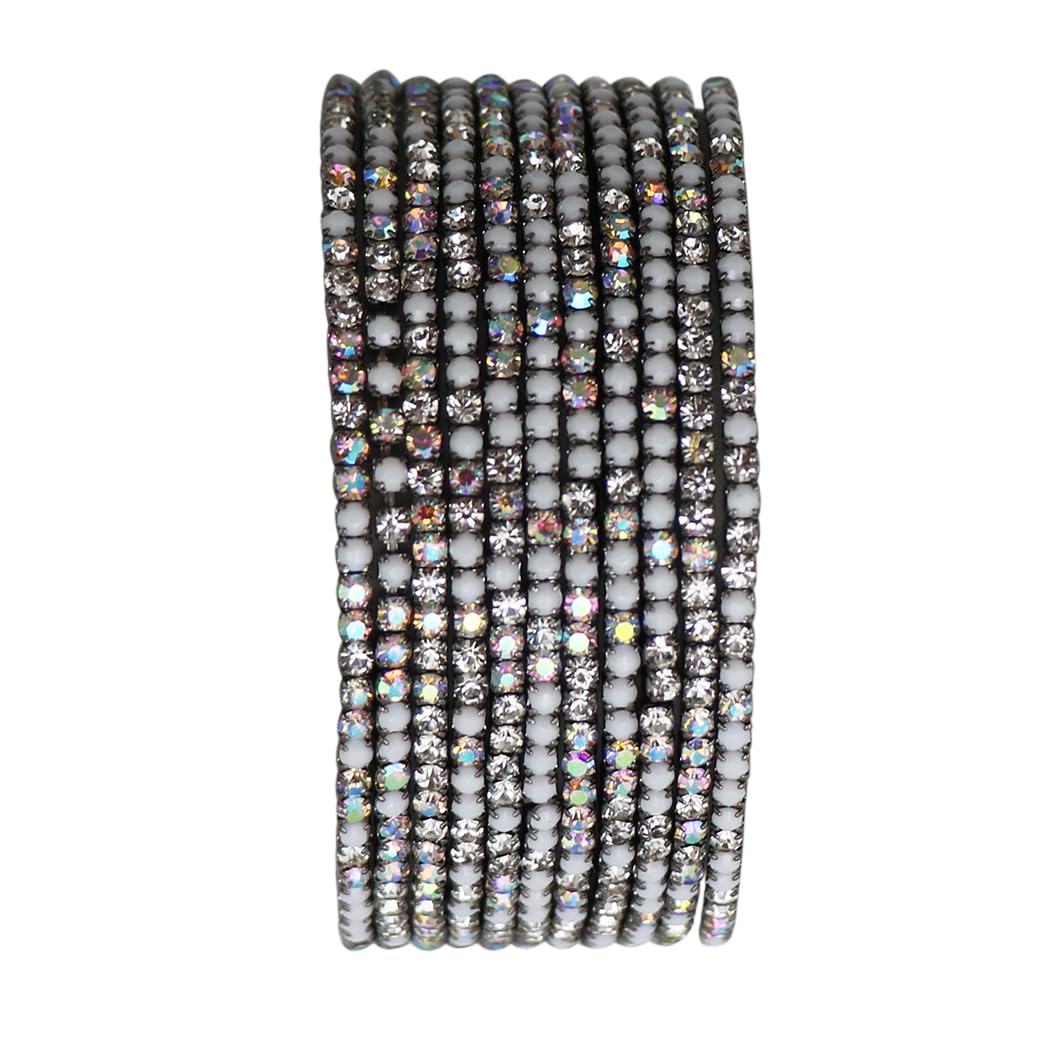 Crystal Rhinestone Stretch Bracelets, Stacking Style, Set of 12, 6.75 Inch (Hematite Matte White w AB)