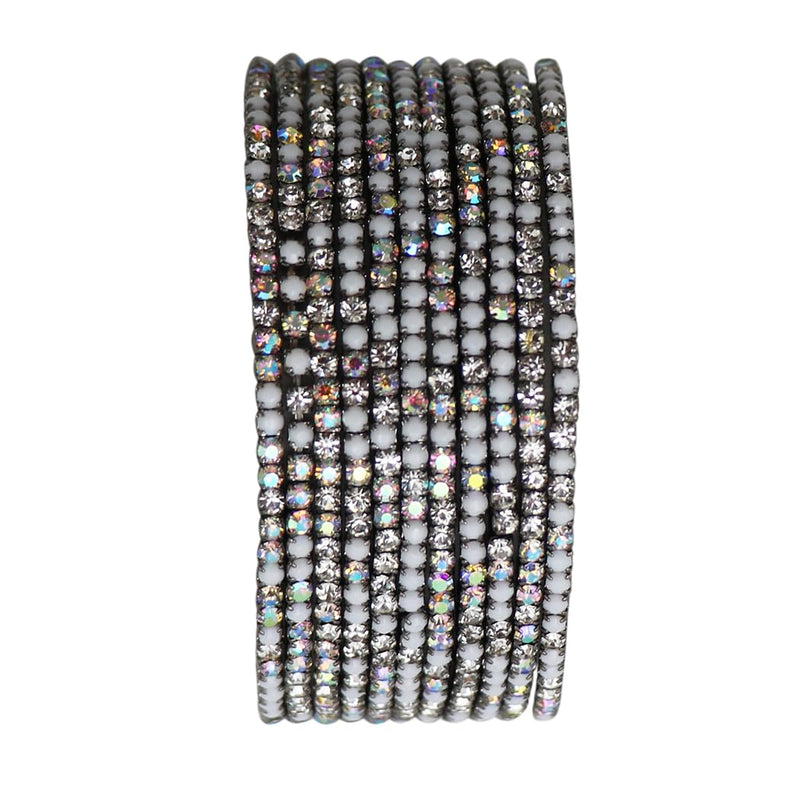 Crystal Rhinestone Stretch Bracelets, Stacking Style, Set of 12, 6.75 Inch (Hematite Matte White w AB)